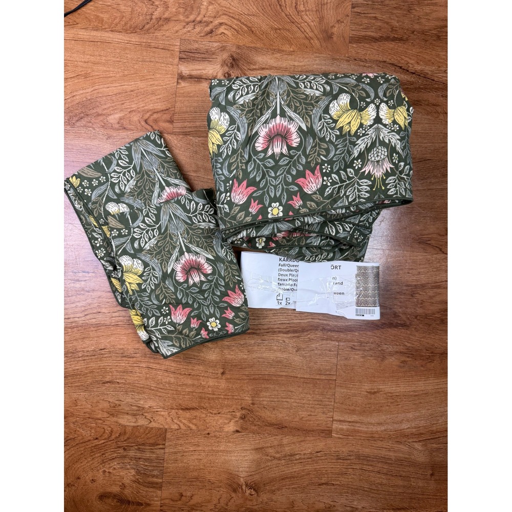 IKEA KARRDUNSORT Full Queen Duvet Cover Set Dark Green Floral Botanical 3pc